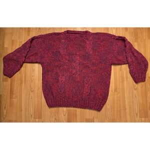 HAND KNIT Sweater Women Sz M Chunky Cable Fisherman Winter Jumper Burgundy mixed